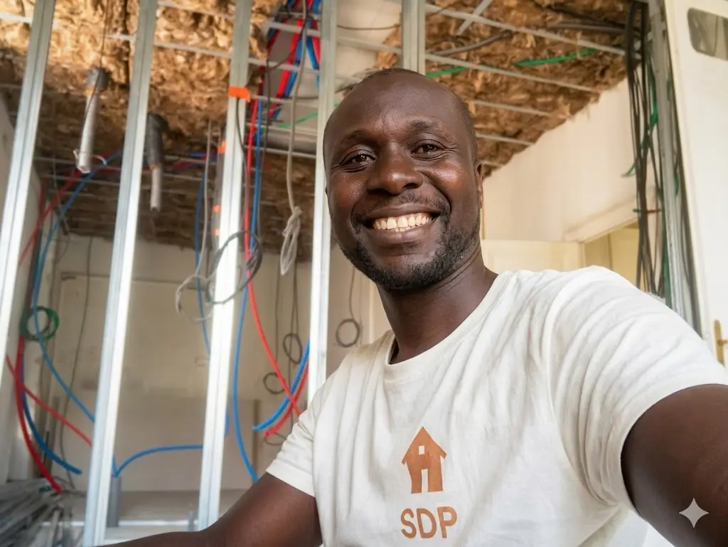 About Amath Seye, artisan plaquiste souriant en plein chantier de rénovation intérieure avec installation électrique et ossature métallique.